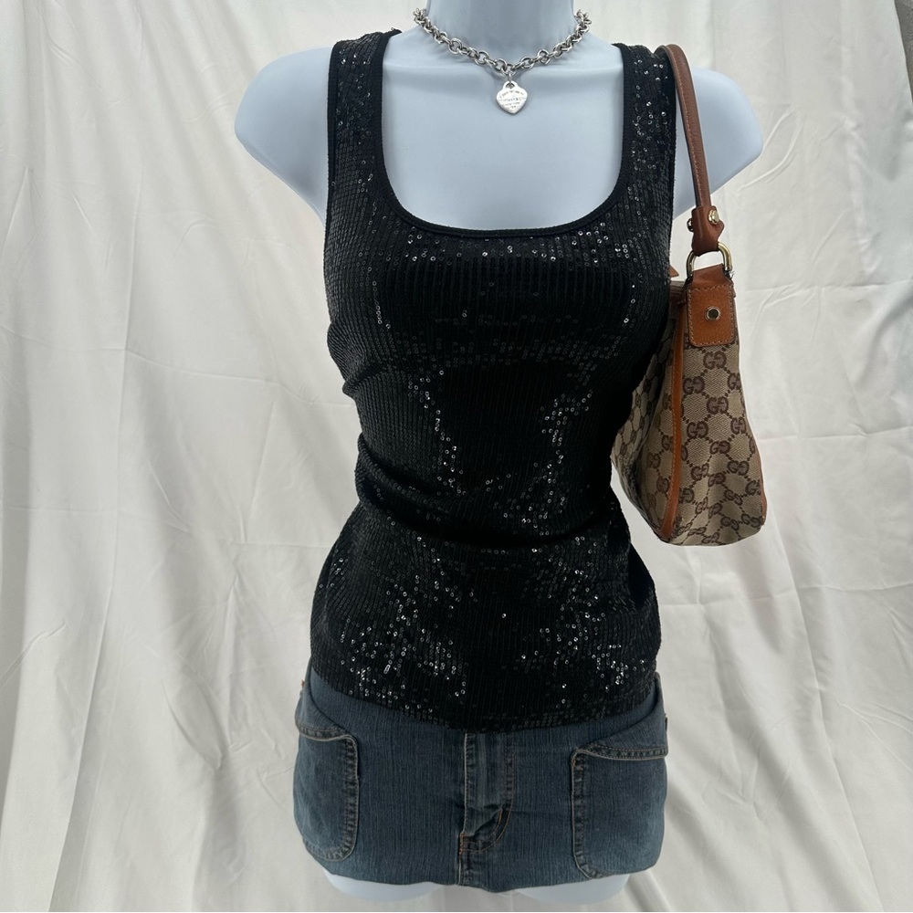 Sequined Hannah Montana Vibe Dots Y2K Black Ribbed Tank Top